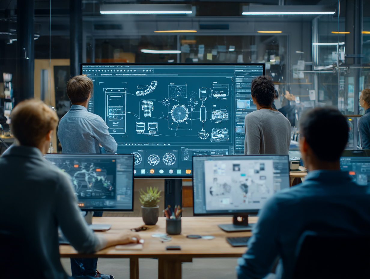 Workshop team discussing prototypes