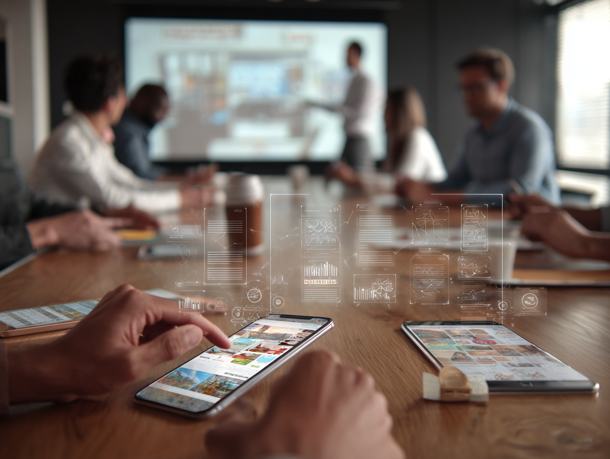 Studio team collaborating in bright office