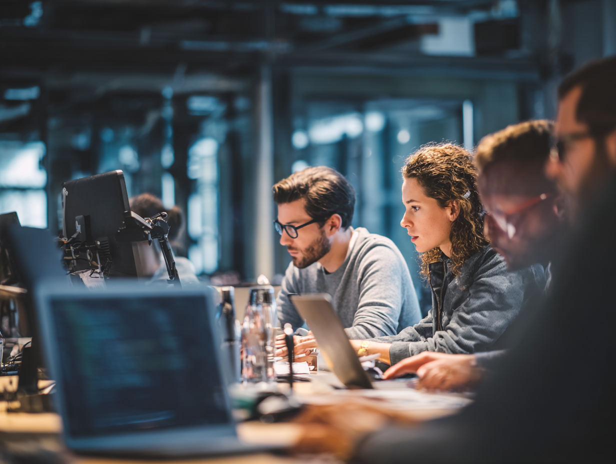 Product strategist sketching user journey on glass wall
